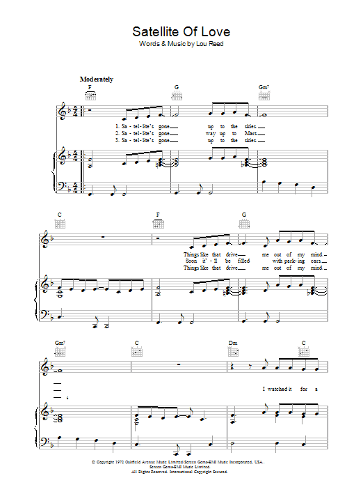Lou Reed Satellite Of Love sheet music preview music notes and score for Piano, Vocal & Guitar (Right-Hand Melody) including 4 page(s)
