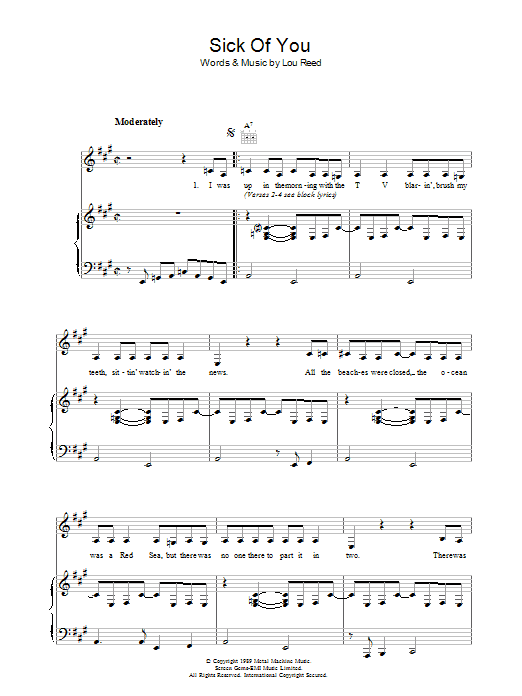 Learn to play Lou Reed Sick Of You sheet music for Piano, Vocal & Guitar in minutes. Lou Reed Sick Of You sheet music preview music notes and score for Piano, Vocal & Guitar including 7 page(s)