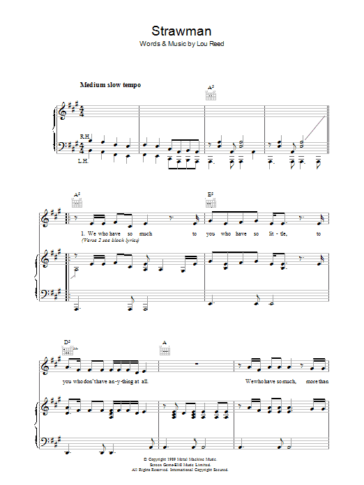 Learn to play Lou Reed Strawman sheet music for Piano, Vocal & Guitar (Right-Hand Melody) in minutes. Lou Reed Strawman sheet music preview music notes and score for Piano, Vocal & Guitar (Right-Hand Melody) including 5 page(s)