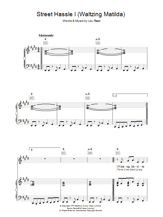 Learn to play Lou Reed Street Hassle I sheet music for Piano, Vocal & Guitar (Right-Hand Melody) in minutes. Lou Reed Street Hassle I sheet music preview music notes and score for Piano, Vocal & Guitar (Right-Hand Melody) including 6 page(s)