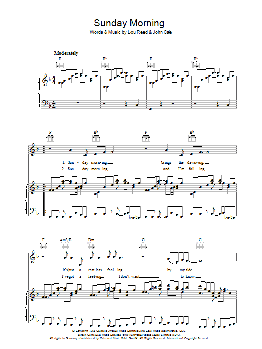 Learn to play The Velvet Underground Sunday Morning sheet music for Piano, Vocal & Guitar in minutes. The Velvet Underground Sunday Morning sheet music preview music notes and score for Piano, Vocal & Guitar including 4 page(s)
