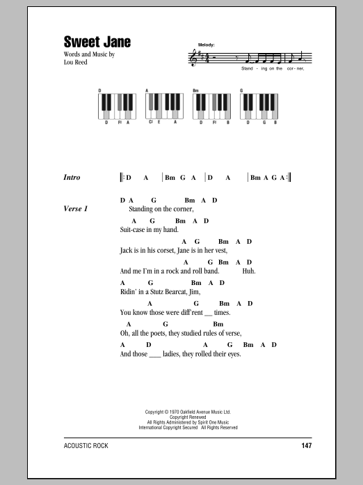 Learn to play Lou Reed Sweet Jane (Intro) sheet music for Lyrics & Piano Chords in minutes. Lou Reed Sweet Jane (Intro) sheet music preview music notes and score for Lyrics & Piano Chords including 3 page(s)
