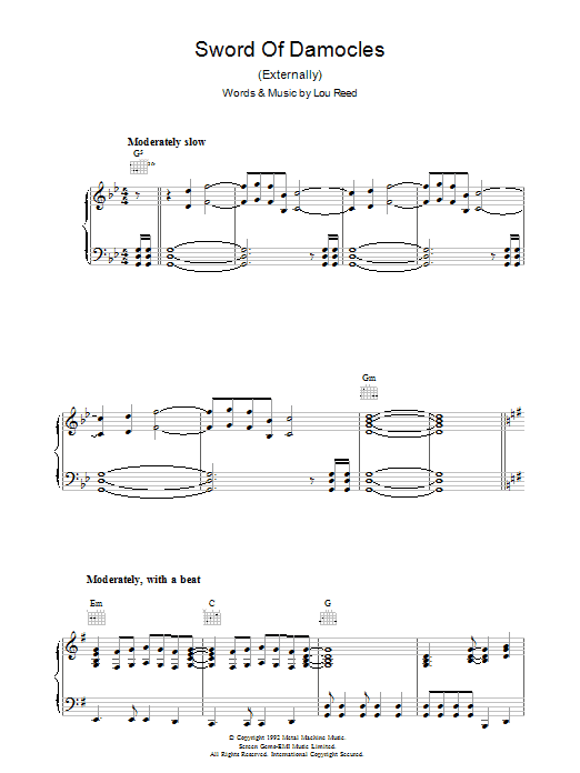 Learn to play Lou Reed Sword Of Damocles sheet music for Piano, Vocal & Guitar (Right-Hand Melody) in minutes. Lou Reed Sword Of Damocles sheet music preview music notes and score for Piano, Vocal & Guitar (Right-Hand Melody) including 5 page(s)