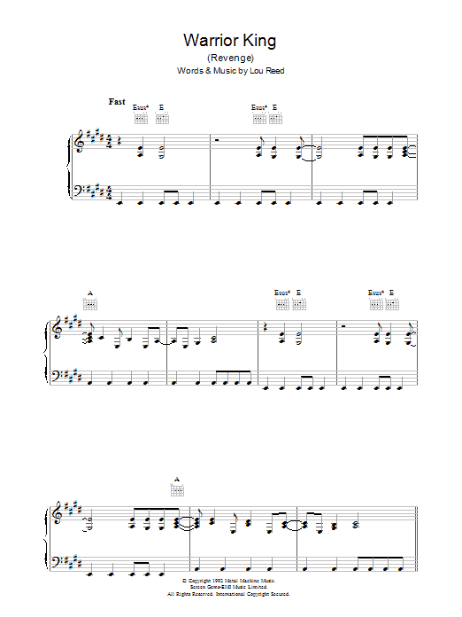 Learn to play Lou Reed Warrior King sheet music for Piano, Vocal & Guitar (Right-Hand Melody) in minutes. Lou Reed Warrior King sheet music preview music notes and score for Piano, Vocal & Guitar (Right-Hand Melody) including 5 page(s)