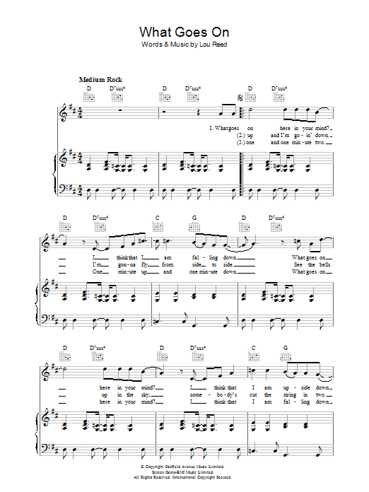 Learn to play Lou Reed What Goes On sheet music for Piano, Vocal & Guitar in minutes. Lou Reed What Goes On sheet music preview music notes and score for Piano, Vocal & Guitar including 4 page(s)