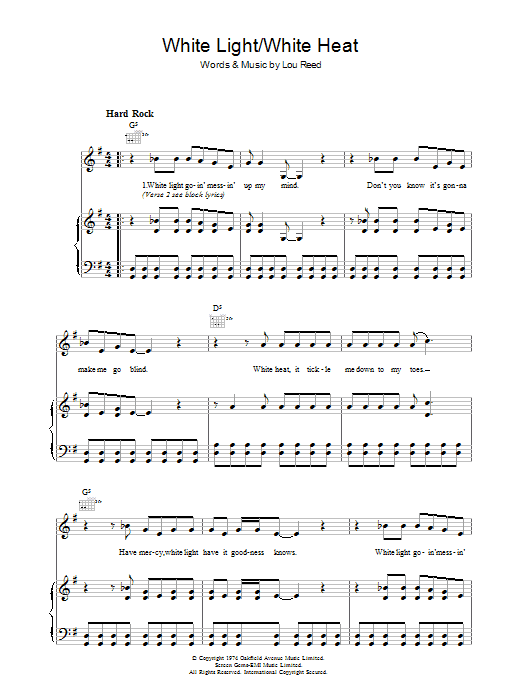 Learn to play Lou Reed White Light/White Heat sheet music for Piano, Vocal & Guitar (Right-Hand Melody) in minutes. Lou Reed White Light/White Heat sheet music preview music notes and score for Piano, Vocal & Guitar (Right-Hand Melody) including 4 page(s)