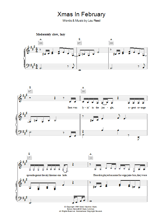 Learn to play Lou Reed Xmas In February sheet music for Piano, Vocal & Guitar in minutes. Lou Reed Xmas In February sheet music preview music notes and score for Piano, Vocal & Guitar including 7 page(s)