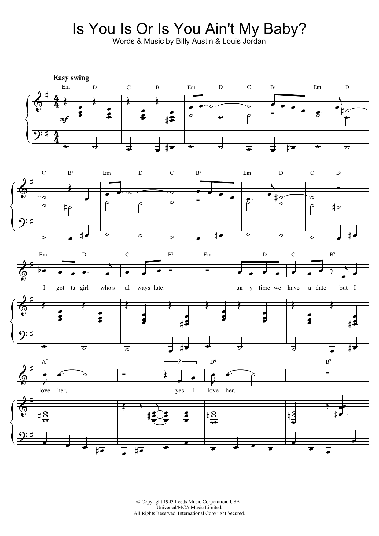 Louis Armstrong Is You Is Or Is You Ain't My Baby? sheet music, chords, lyrics - Printable PDF for Piano & Vocal