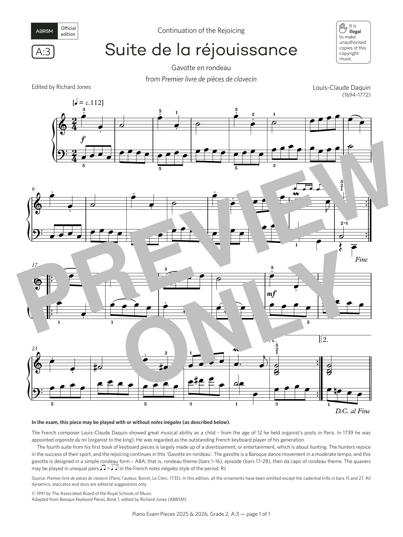 Louis-Claude Daquin Suite de la réjouissance (Grade 2, list A3, from the ABRSM Piano Syllabus 2025 & 2026) sheet music, chords, lyrics - Printable PDF for Piano Solo