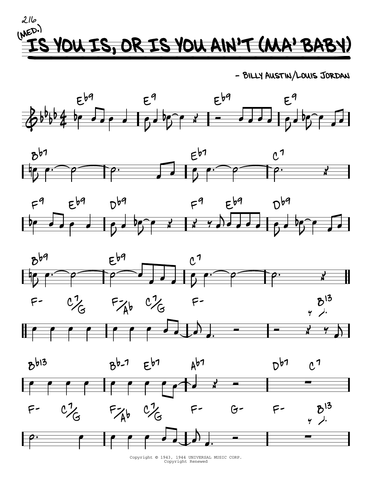 Louis Jordan and his Tympany Five Is You Is, Or Is You Ain't (Ma' Baby) [Reharmonized version] (arr. Jack Grassel) sheet music, chords, lyrics - Printable PDF for Real Book – Melody & Chords
