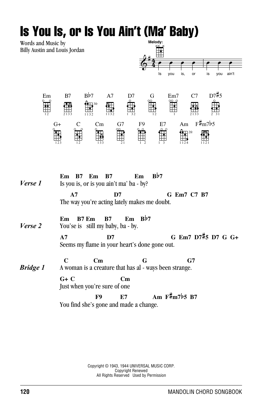 Louis Jordan and his Tympany Five Is You Is, Or Is You Ain't (Ma' Baby) sheet music, chords, lyrics - Printable PDF for Mandolin