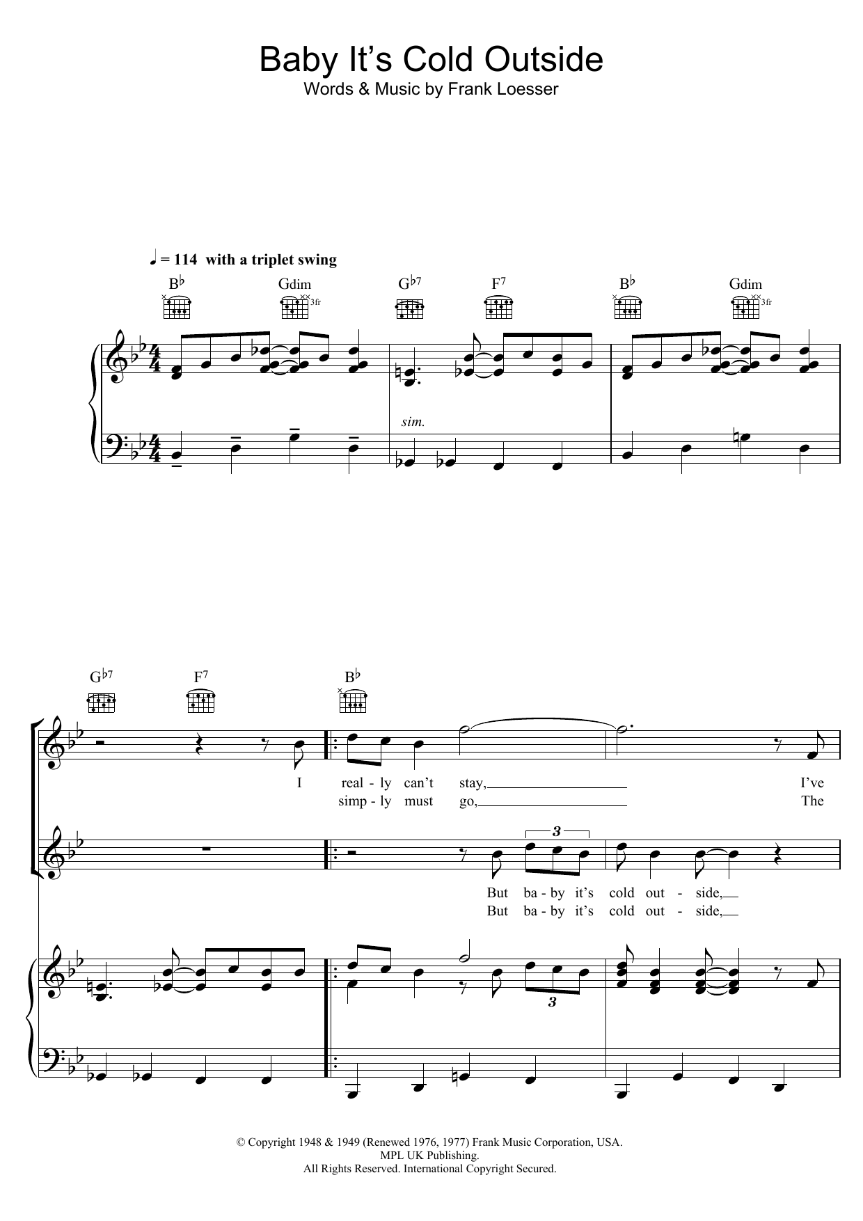 Ella Fitzgerald & Louis Jordan Baby, It's Cold Outside sheet music, chords, lyrics - Printable PDF for Piano, Vocal & Guitar