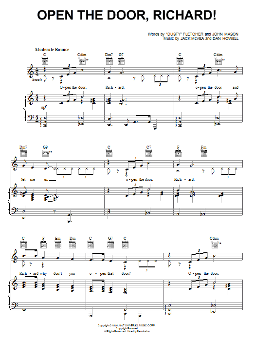 Louis Jordan Open The Door, Richard! sheet music, chords, lyrics - Printable PDF for Piano, Vocal & Guitar (Right-Hand Melody)