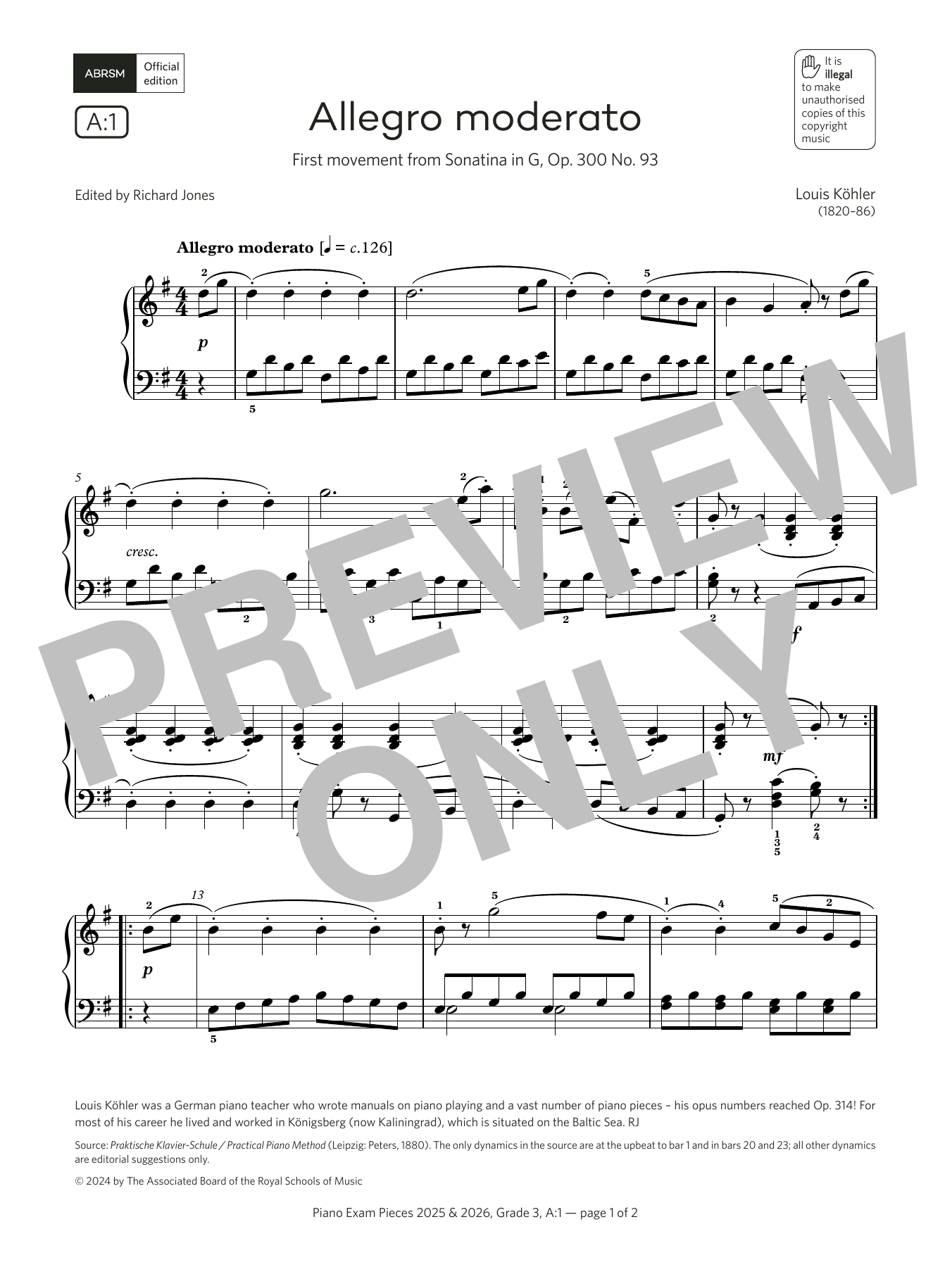 Louis Köhler Allegro moderato (Grade 3, list A1, from the ABRSM Piano Syllabus 2025 & 2026) sheet music, chords, lyrics - Printable PDF for Piano Solo