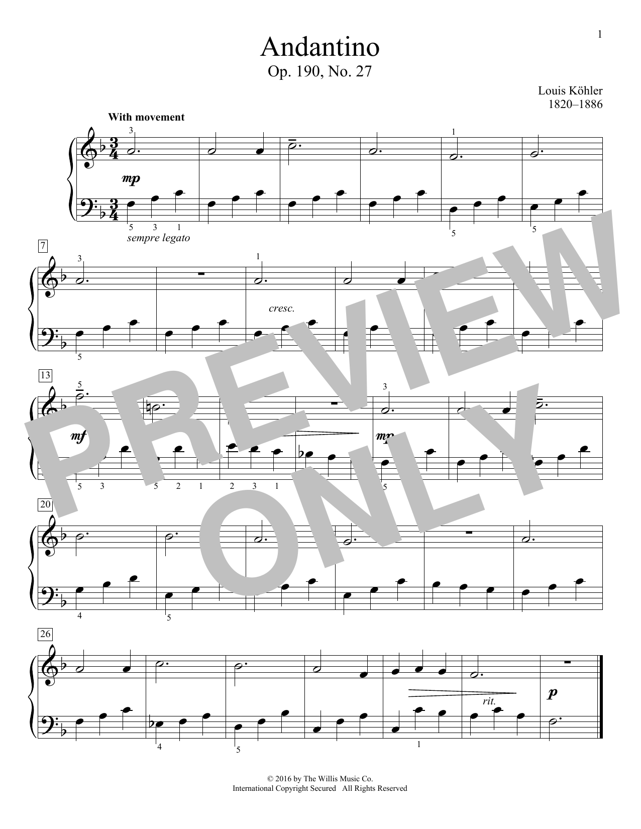Louis Kohler Andantino, Op. 190, No. 27 sheet music, chords, lyrics - Printable PDF for Educational Piano