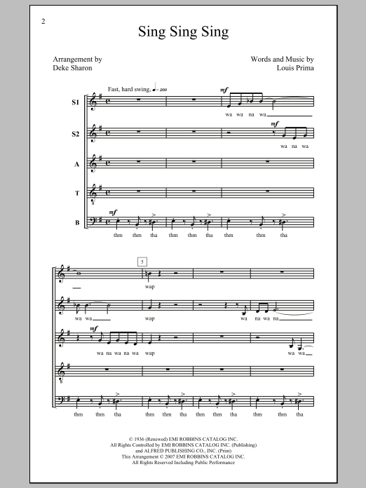 Louis Prima Sing, Sing, Sing (arr. Deke Sharon) sheet music, chords, lyrics - Printable PDF for SATB