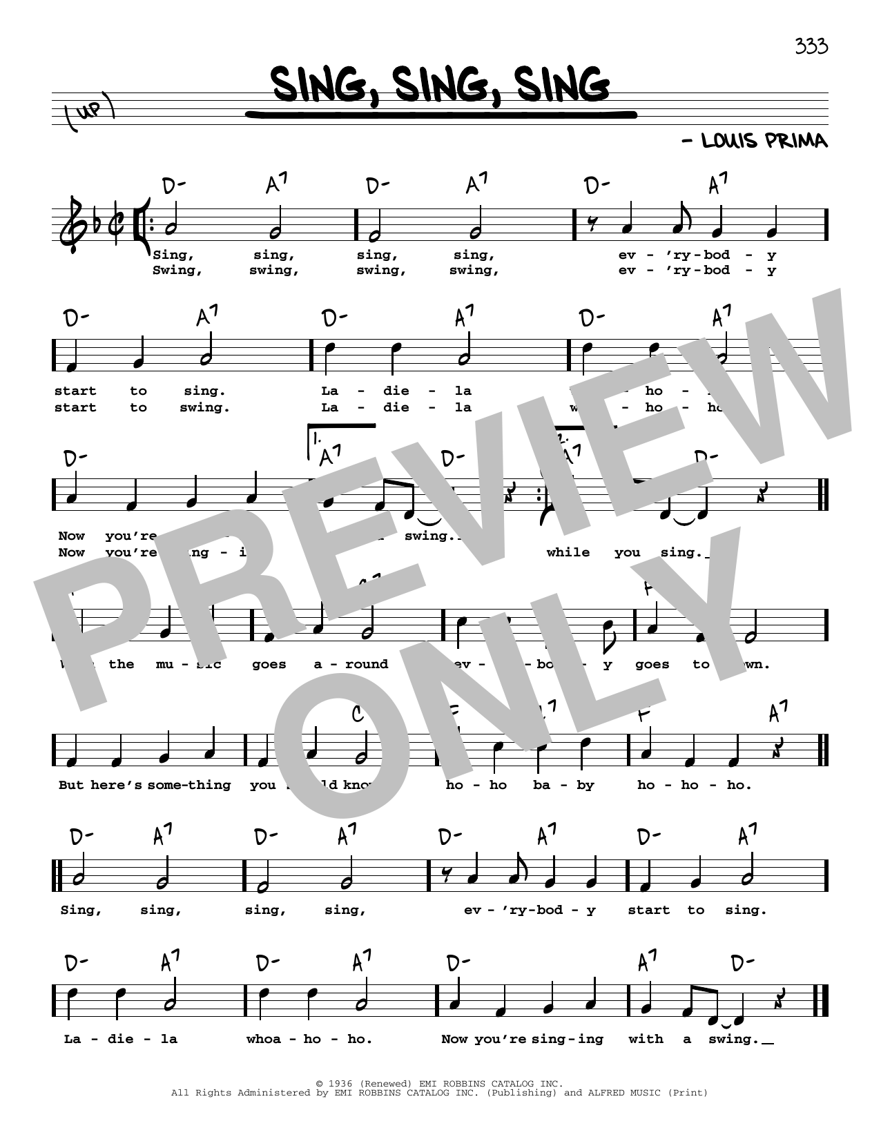 Louis Prima Sing, Sing, Sing (High Voice) sheet music, chords, lyrics - Printable PDF for Real Book – Melody, Lyrics & Chords