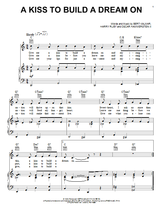 Learn to play Louis Armstrong A Kiss To Build A Dream On sheet music for Piano, Vocal & Guitar (Right-Hand Melody) in minutes. Louis Armstrong A Kiss To Build A Dream On sheet music preview music notes and score for Piano, Vocal & Guitar (Right-Hand Melody) including 4 page(s)