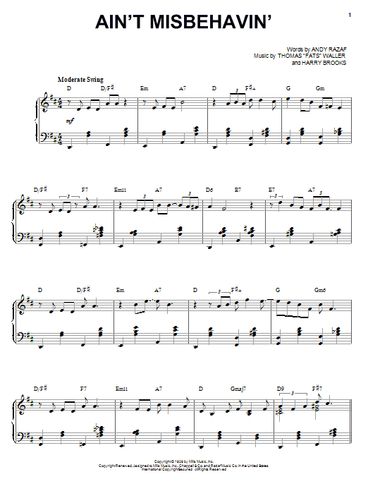 Louis Armstrong Ain't Misbehavin' sheet music preview music notes and score for Piano, Vocal & Guitar (Right-Hand Melody) including 5 page(s)
