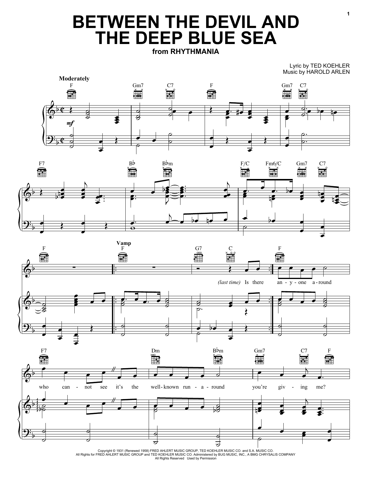 Learn to play Louis Armstrong Between The Devil And The Deep Blue Sea sheet music for Piano, Vocal & Guitar (Right-Hand Melody) in minutes. Louis Armstrong Between The Devil And The Deep Blue Sea sheet music preview music notes and score for Piano, Vocal & Guitar (Right-Hand Melody) including 4 page(s)
