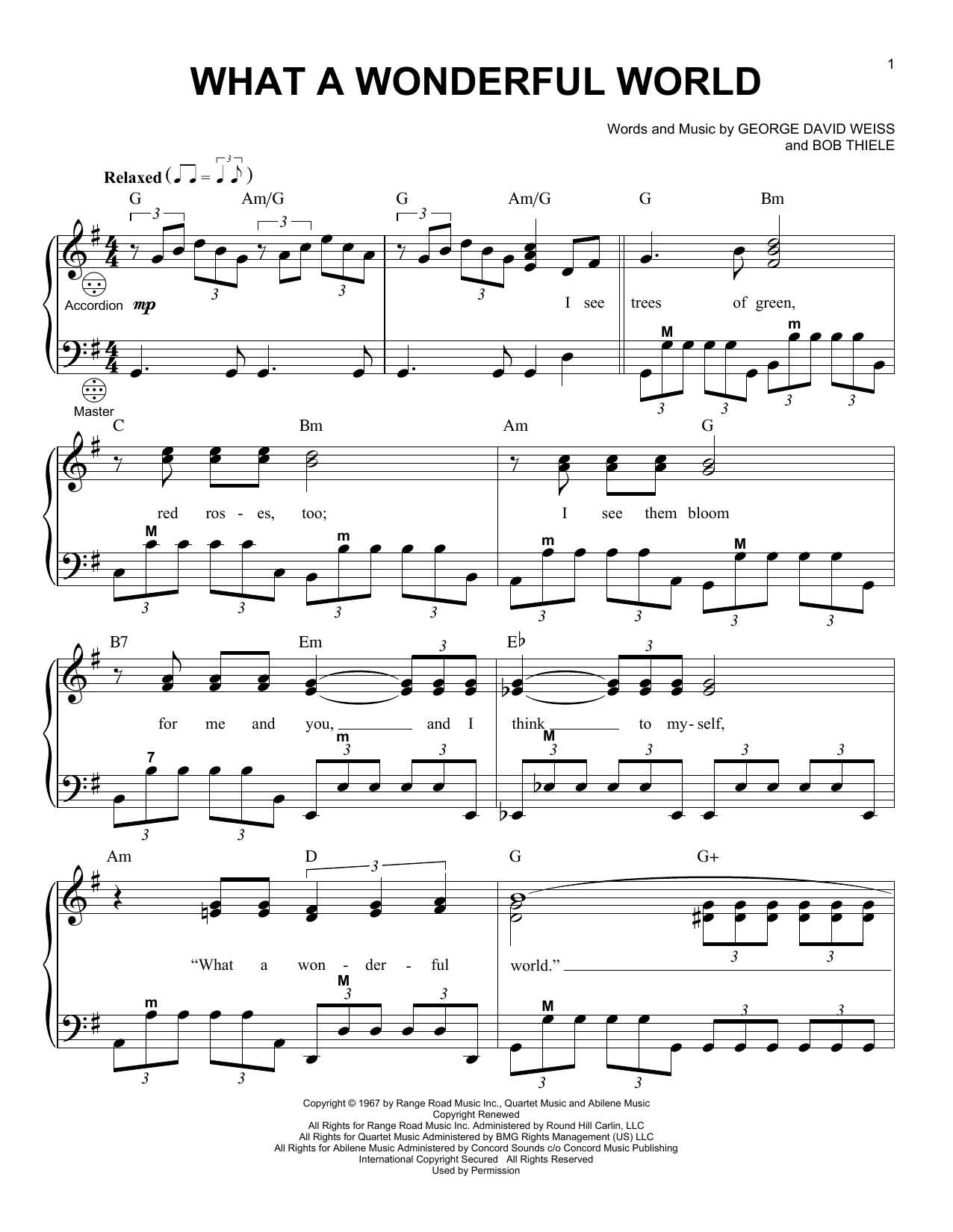 Louis Armstrong What A Wonderful World sheet music preview music notes and score for Piano, Vocal & Guitar (Right-Hand Melody) including 5 page(s)