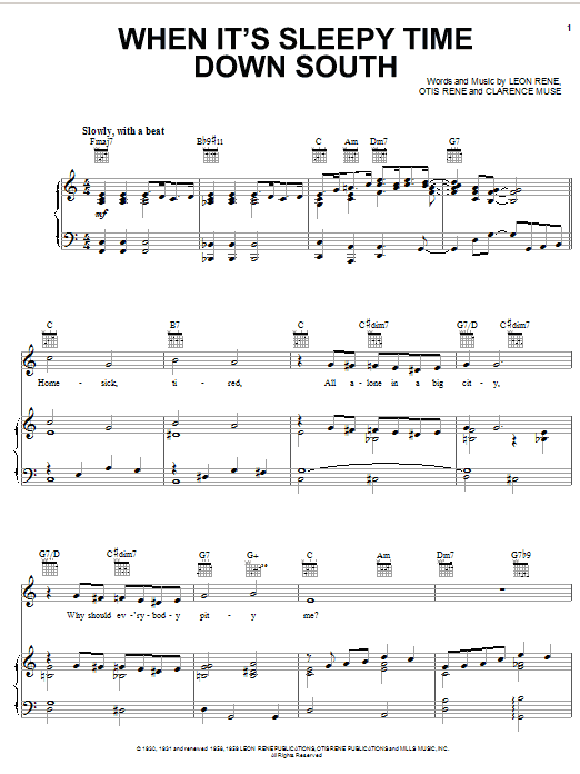 Learn to play Louis Armstrong When It's Sleepy Time Down South sheet music for Piano, Vocal & Guitar (Right-Hand Melody) in minutes. Louis Armstrong When It's Sleepy Time Down South sheet music preview music notes and score for Piano, Vocal & Guitar (Right-Hand Melody) including 5 page(s)