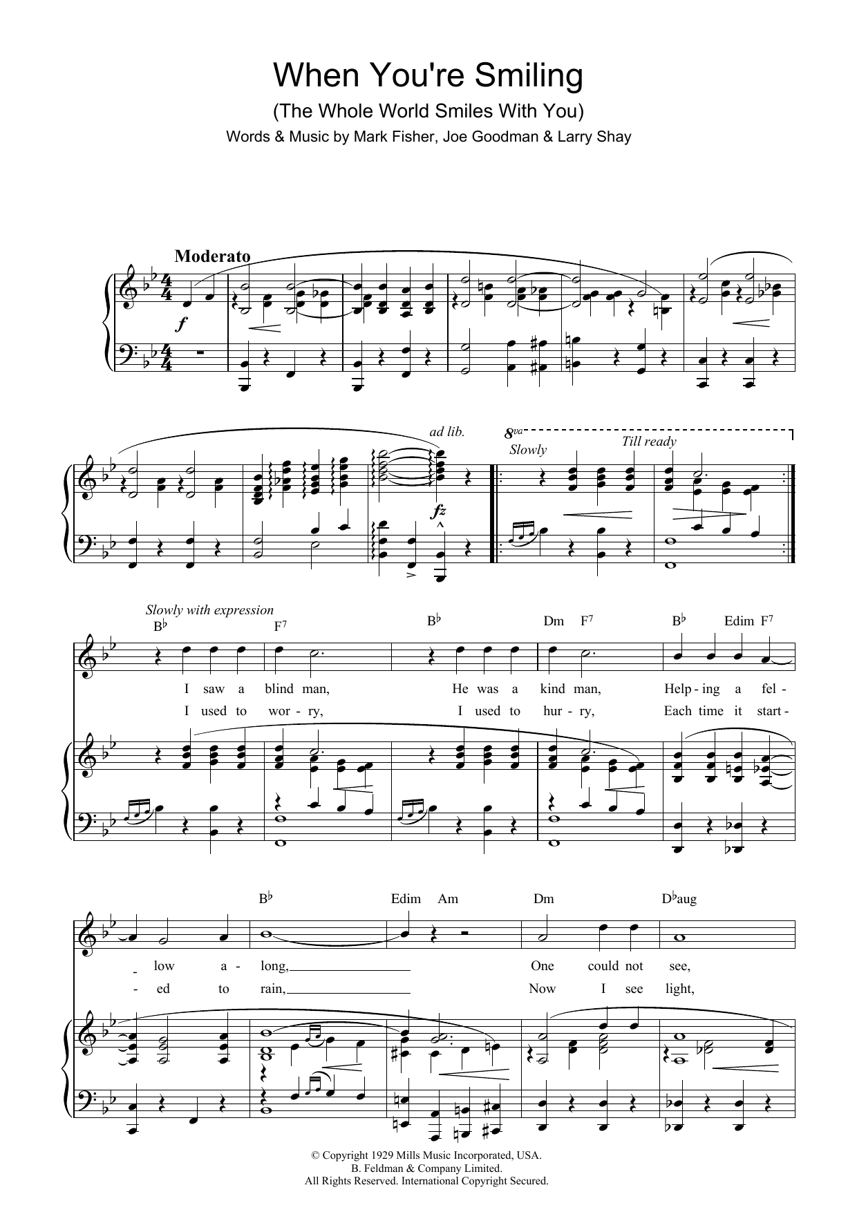 Learn to play Louis Armstrong When You're Smiling (The Whole World Smiles With You) sheet music for Piano, Vocal & Guitar (Right-Hand Melody) in minutes. Louis Armstrong When You're Smiling (The Whole World Smiles With You) sheet music preview music notes and score for Piano, Vocal & Guitar (Right-Hand Melody) including 4 page(s)