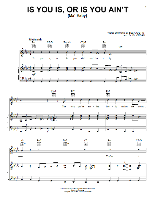 Learn to play Louis Jordan Is You Is, Or Is You Ain't (Ma' Baby) sheet music for Guitar Tab in minutes. Louis Jordan Is You Is, Or Is You Ain't (Ma' Baby) sheet music preview music notes and score for Guitar Tab including 2 page(s)