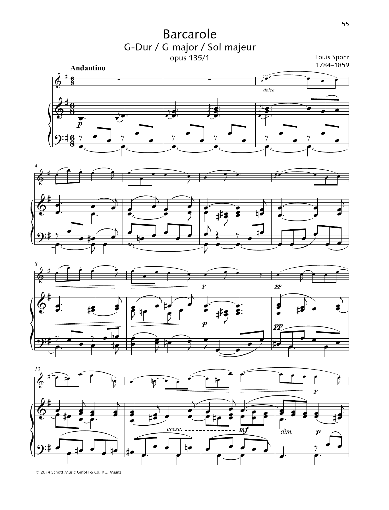 Learn to play Louis Spohr Barcarole G major sheet music for String Solo in minutes. Louis Spohr Barcarole G major sheet music preview music notes and score for String Solo including 9 page(s)