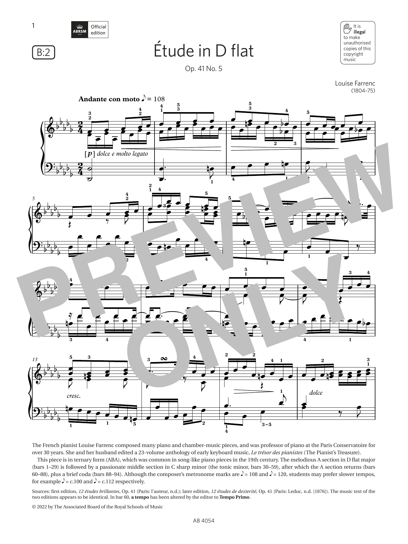 Louise Farrenc Étude in D flat (Grade 8, list B2, from the ABRSM Piano Syllabus 2023 & 2024) sheet music, chords, lyrics - Printable PDF for Piano Solo