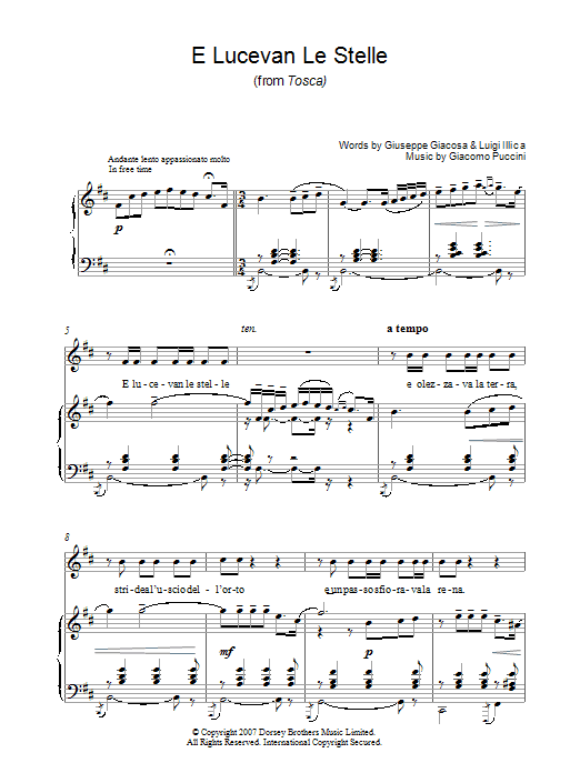 Learn to play Luciano Pavarotti E Lucevan Le Stelle (from Tosca) sheet music for Piano, Vocal & Guitar in minutes. Luciano Pavarotti E Lucevan Le Stelle (from Tosca) sheet music preview music notes and score for Piano, Vocal & Guitar including 3 page(s)