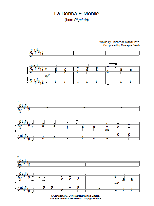 Learn to play Luciano Pavarotti La Donna E Mobile (from Rigoletto) sheet music for Piano, Vocal & Guitar in minutes. Luciano Pavarotti La Donna E Mobile (from Rigoletto) sheet music preview music notes and score for Piano, Vocal & Guitar including 5 page(s)