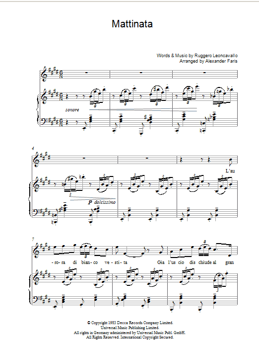 Learn to play Luciano Pavarotti Mattinata sheet music for Piano, Vocal & Guitar in minutes. Luciano Pavarotti Mattinata sheet music preview music notes and score for Piano, Vocal & Guitar including 4 page(s)