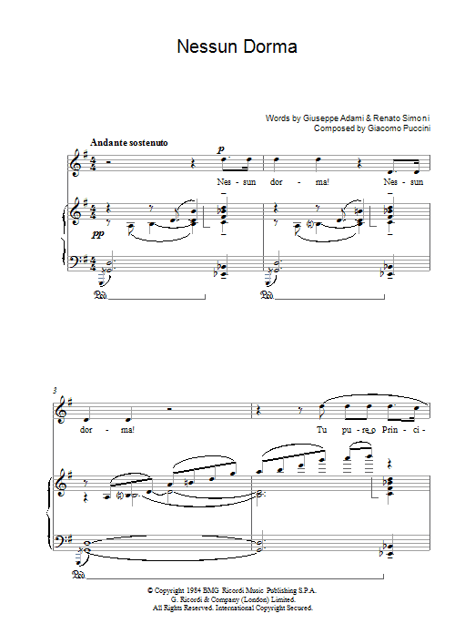 Learn to play Giacomo Puccini Nessun Dorma (from Turandot) sheet music for Piano, Vocal & Guitar in minutes. Giacomo Puccini Nessun Dorma (from Turandot) sheet music preview music notes and score for Piano, Vocal & Guitar including 5 page(s)