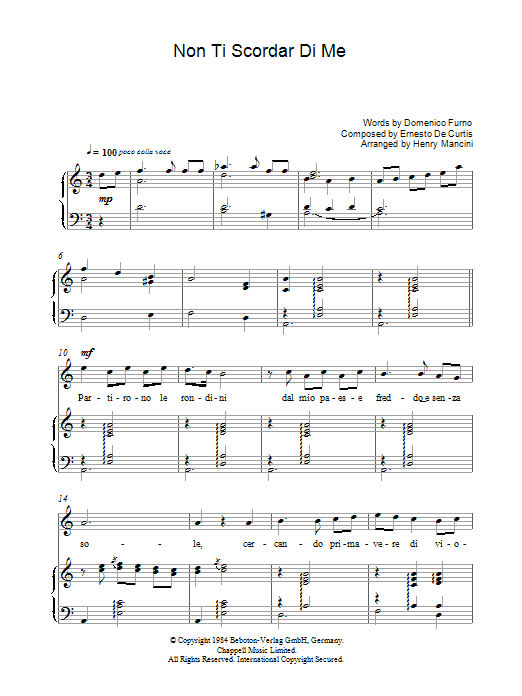 Learn to play Luciano Pavarotti Non Ti Scordar Di Me sheet music for Piano, Vocal & Guitar in minutes. Luciano Pavarotti Non Ti Scordar Di Me sheet music preview music notes and score for Piano, Vocal & Guitar including 4 page(s)