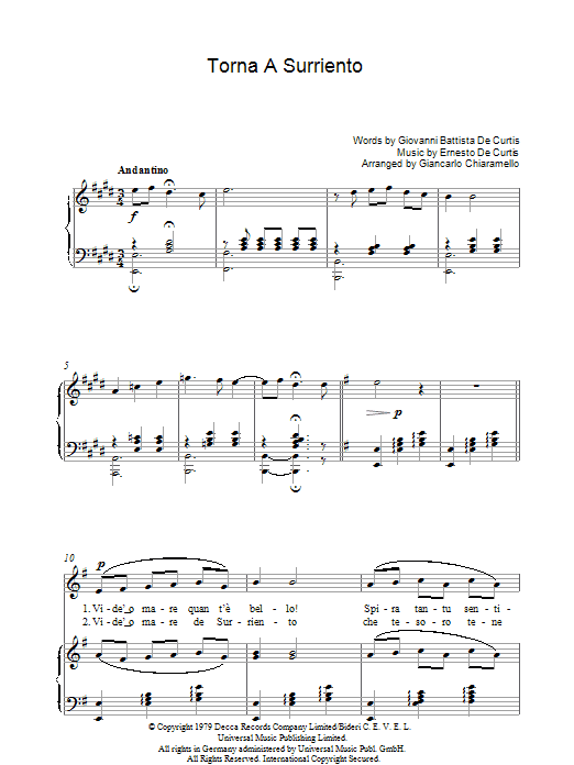 Learn to play Luciano Pavarotti Torna A Surriento sheet music for Piano, Vocal & Guitar in minutes. Luciano Pavarotti Torna A Surriento sheet music preview music notes and score for Piano, Vocal & Guitar including 3 page(s)