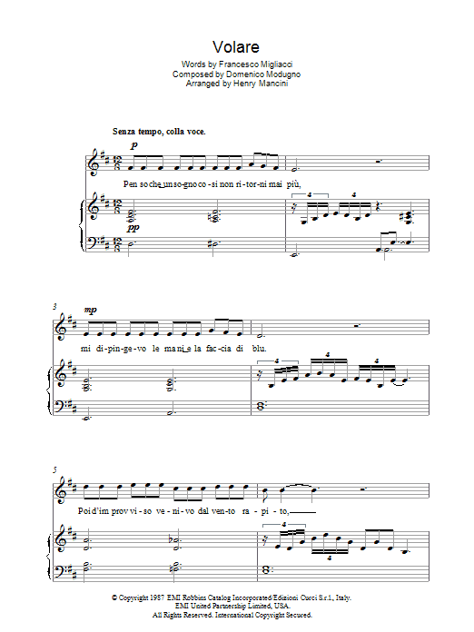 Learn to play Luciano Pavarotti Volare (Nel Blu, Dipinto Di Blu) sheet music for Piano, Vocal & Guitar in minutes. Luciano Pavarotti Volare (Nel Blu, Dipinto Di Blu) sheet music preview music notes and score for Piano, Vocal & Guitar including 3 page(s)
