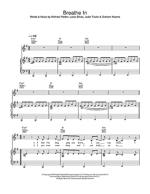 Learn to play Lucie Silvas Breathe In sheet music for Piano, Vocal & Guitar (Right-Hand Melody) in minutes. Lucie Silvas Breathe In sheet music notes and chords