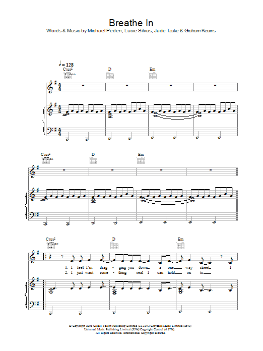 Learn to play Lucie Silvas Breathe In sheet music for Piano, Vocal & Guitar (Right-Hand Melody) in minutes. Lucie Silvas Breathe In sheet music preview music notes and score for Piano, Vocal & Guitar (Right-Hand Melody) including 6 page(s)