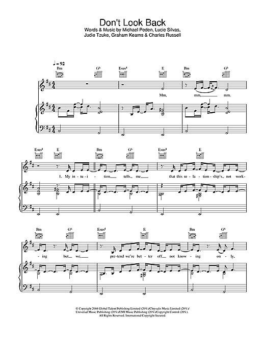 Learn to play Lucie Silvas Don't Look Back sheet music for Piano, Vocal & Guitar (Right-Hand Melody) in minutes. Lucie Silvas Don't Look Back sheet music notes and chords