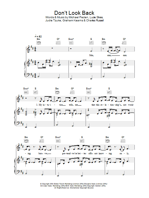 Learn to play Lucie Silvas Don't Look Back sheet music for Piano, Vocal & Guitar (Right-Hand Melody) in minutes. Lucie Silvas Don't Look Back sheet music preview music notes and score for Piano, Vocal & Guitar (Right-Hand Melody) including 5 page(s)