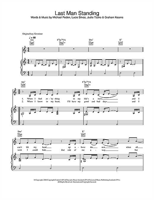 Learn to play Lucie Silvas Last Man Standing sheet music for Piano, Vocal & Guitar (Right-Hand Melody) in minutes. Lucie Silvas Last Man Standing sheet music notes and chords