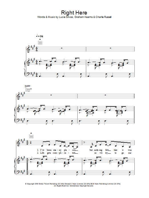 Lucie Silvas Right Here sheet music preview music notes and score for Piano, Vocal & Guitar (Right-Hand Melody) including 7 page(s)