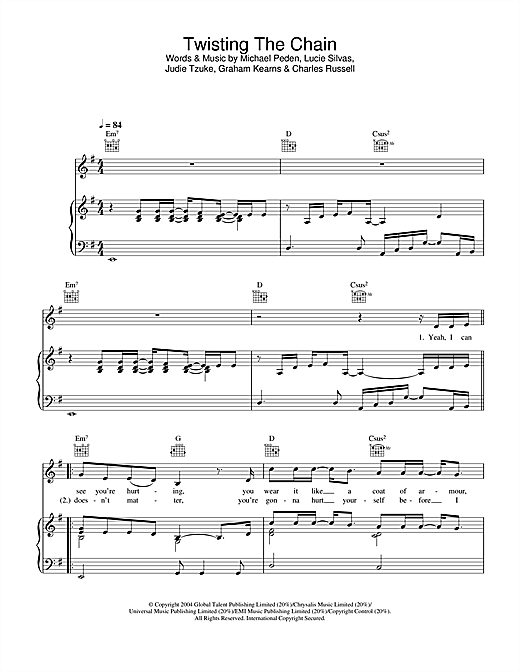 Learn to play Lucie Silvas Twisting The Chain sheet music for Piano, Vocal & Guitar (Right-Hand Melody) in minutes. Lucie Silvas Twisting The Chain sheet music notes and chords