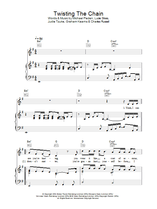 Learn to play Lucie Silvas Twisting The Chain sheet music for Piano, Vocal & Guitar (Right-Hand Melody) in minutes. Lucie Silvas Twisting The Chain sheet music preview music notes and score for Piano, Vocal & Guitar (Right-Hand Melody) including 6 page(s)