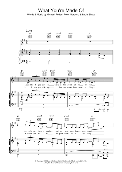 Learn to play Lucie Silvas What You're Made Of sheet music for Piano, Vocal & Guitar (Right-Hand Melody) in minutes. Lucie Silvas What You're Made Of sheet music notes and chords
