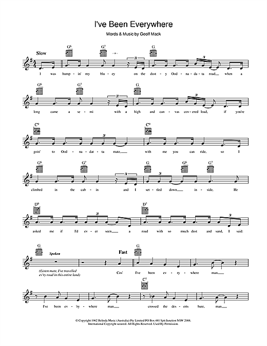 Learn to play Lucky Starr I've Been Everywhere sheet music for Melody Line, Lyrics & Chords in minutes. Lucky Starr I've Been Everywhere sheet music preview music notes and score for Melody Line, Lyrics & Chords including 2 page(s)