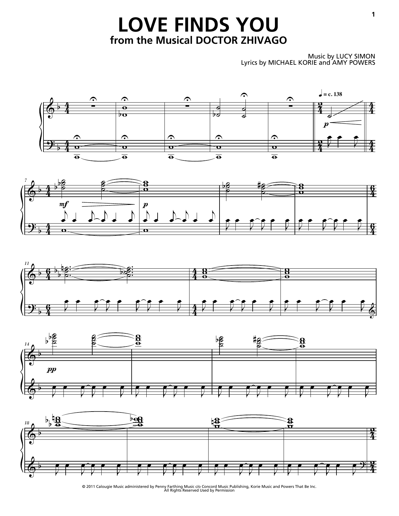 Lucy Simon Levine, Michael Korie & Amy Powers Love Finds You sheet music, chords, lyrics - Printable PDF for Piano & Vocal