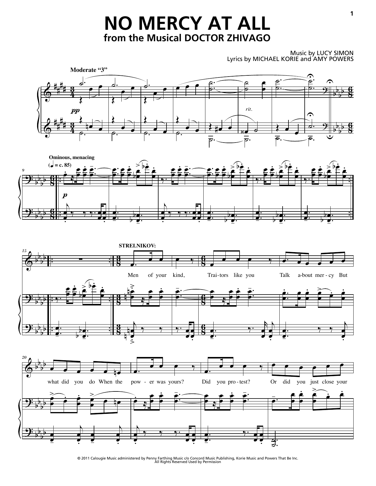 Lucy Simon Levine, Michael Korie & Amy Powers No Mercy sheet music, chords, lyrics - Printable PDF for Piano & Vocal