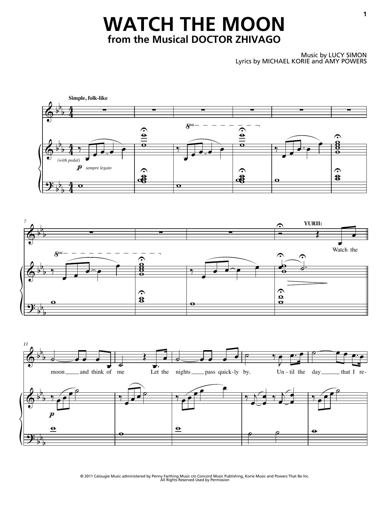 Lucy Simon Levine, Michael Korie & Amy Powers Watch The Moon sheet music, chords, lyrics - Printable PDF for Piano & Vocal